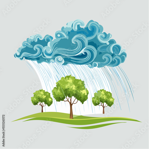 Vector Rain and storm winds blowing trees