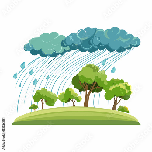 Vector Rain and storm winds blowing trees
