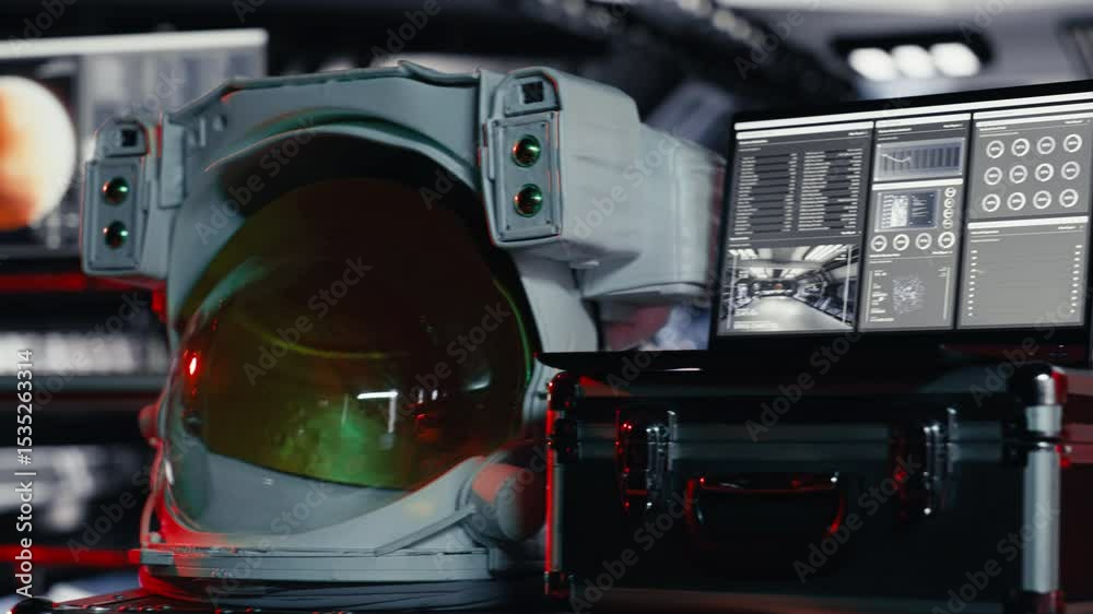 Close up of accident red light alert flashing over space helmet next to laptop in spaceship showing mission logs. Critical risk warning blinking over astronaut gear prepared for planetary expedition