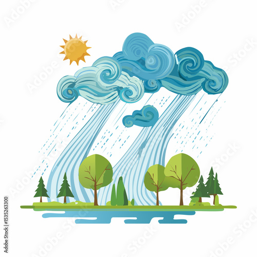 Vector Rain and storm winds blowing trees