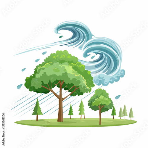 Vector Rain and storm winds blowing trees