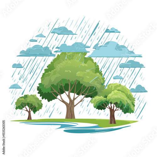 Vector Rain and storm winds blowing trees