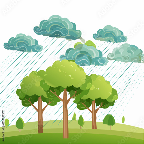 Vector Rain and storm winds blowing trees