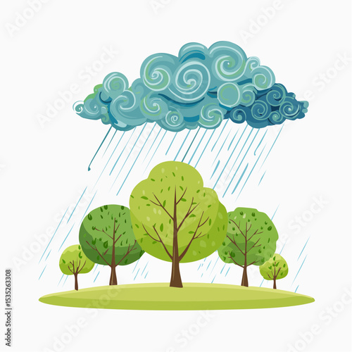 Vector Rain and storm winds blowing trees