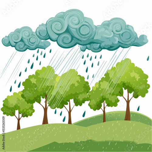 Vector Rain and storm winds blowing trees
