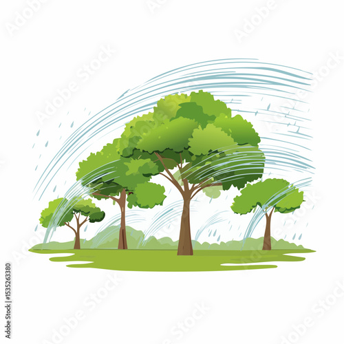 Vector Rain and storm winds blowing trees