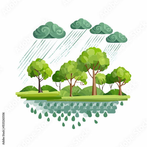 Vector Rain and storm winds blowing trees
