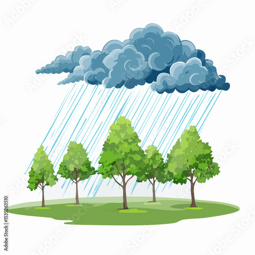 Vector Rain and storm winds blowing trees