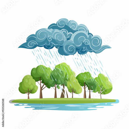 Vector Rain and storm winds blowing trees