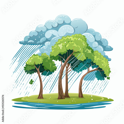 Vector Rain and storm winds blowing trees