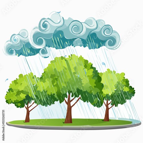 Vector Rain and storm winds blowing trees