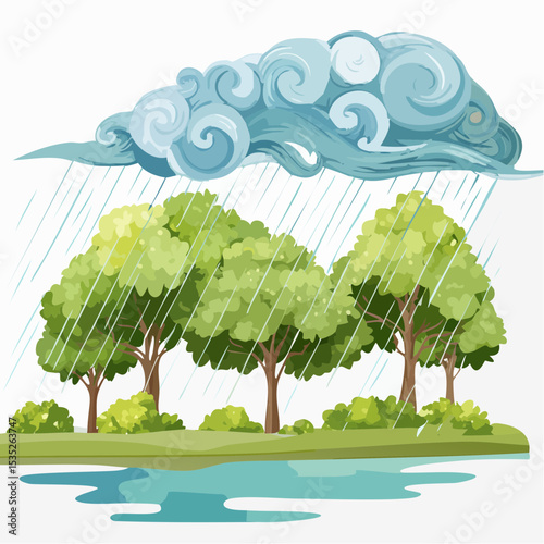 Vector Rain and storm winds blowing trees