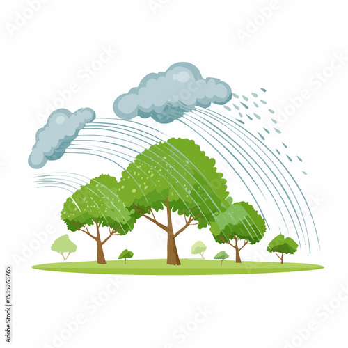 Vector Rain and storm winds blowing trees