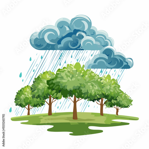 Vector Rain and storm winds blowing trees
