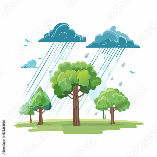 Vector Rain and storm winds blowing trees