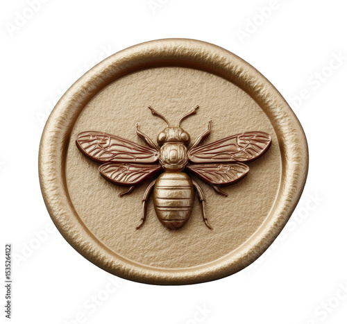 Golden bee emblem on circular surface with intricate wing details