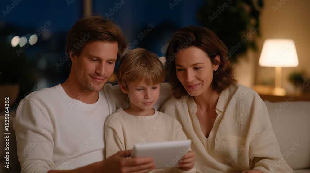 Obraz premium Family Adjusting Smart Thermostat Settings at Home