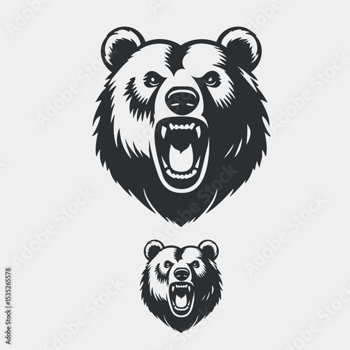 Vector logo: A fierce bear head in two sizes, roaring with raw power and intensity. Bold, expressive animal mascot design.