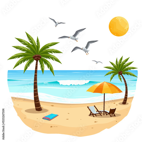 Tropical beach scene with palm trees, sun, and lounge chairs  