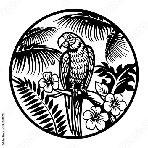 illustration of a parrot on a tree branch in a dense forest