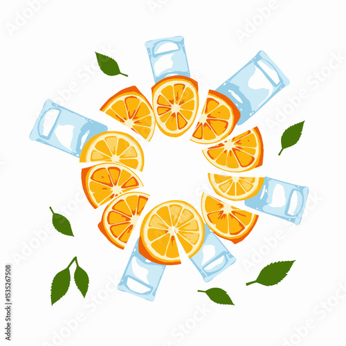 Fresh orange slices arranged with ice cubes and green leaves  