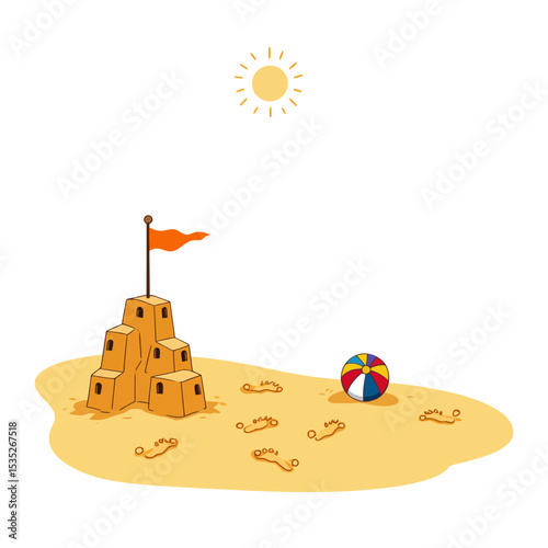 Sandcastle with a flag and beach ball on sunny sandy beach  