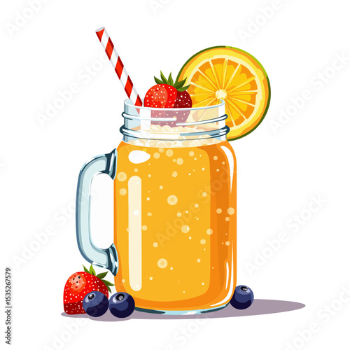 Fresh fruit smoothie in jar with straw and garnish on white background  
