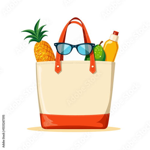 Beach tote bag with pineapple, sunglasses, and drink bottle  