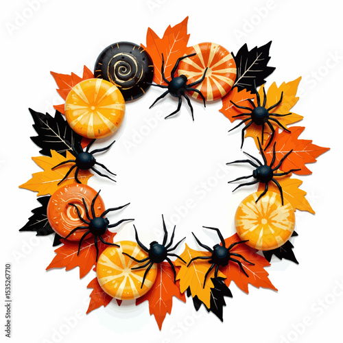 Halloween wreath with orange leaves, spiders, and decorative pumpkins  