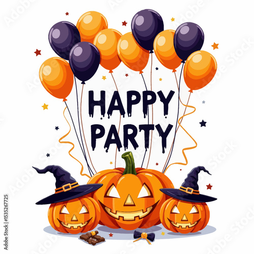 Halloween party decorations with pumpkins and balloons in festive style  