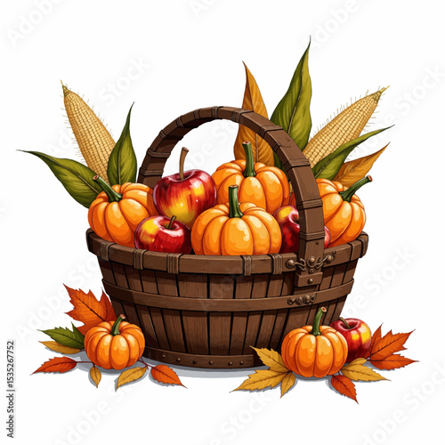 Harvest basket filled with pumpkins and apples surrounded by leaves  