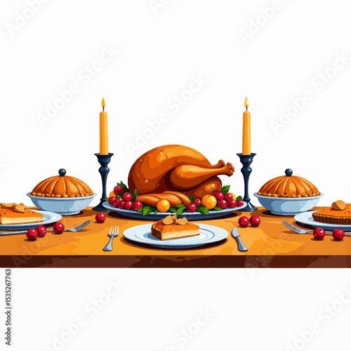Traditional Thanksgiving dinner table with turkey and desserts  