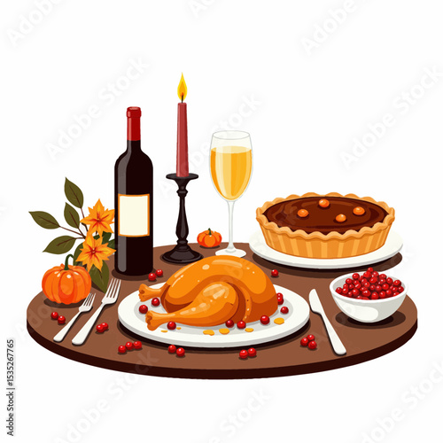 Thanksgiving dinner table with turkey, wine, and pumpkin pie