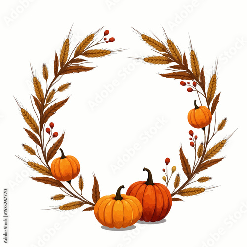 Autumn wreath with pumpkins and wheat on white background  