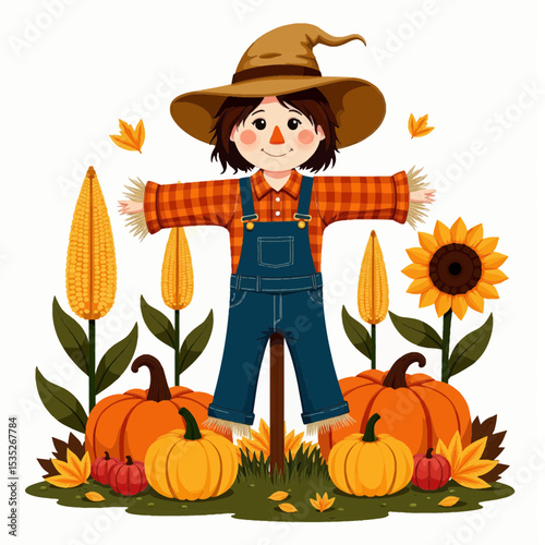 Scarecrow standing among pumpkins and sunflowers in autumn garden  