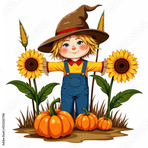 Cartoon scarecrow smiling among sunflowers and pumpkins in a field  