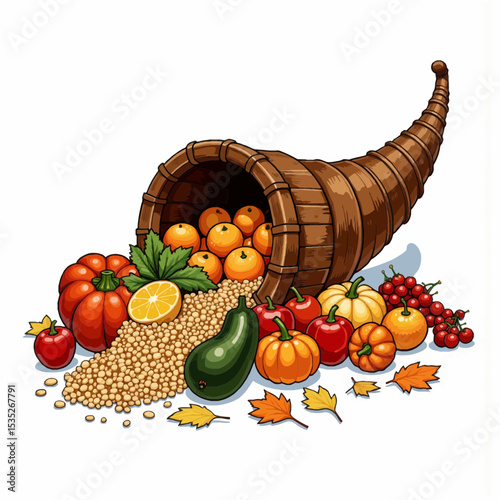 Cornucopia filled with fruits, vegetables, and grains for autumn  