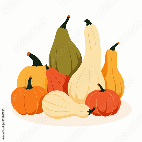 Assorted colorful pumpkins arranged in a decorative cluster  