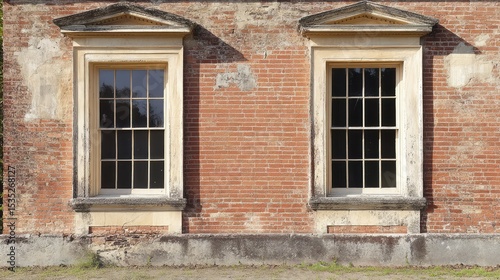 Georgian-style window with square panes and symmetrical proportions on brick background