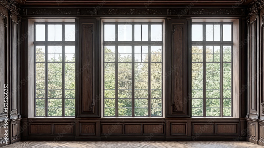Fototapeta premium Large bay window in classic style with multiple small panes and elegant wood finish
