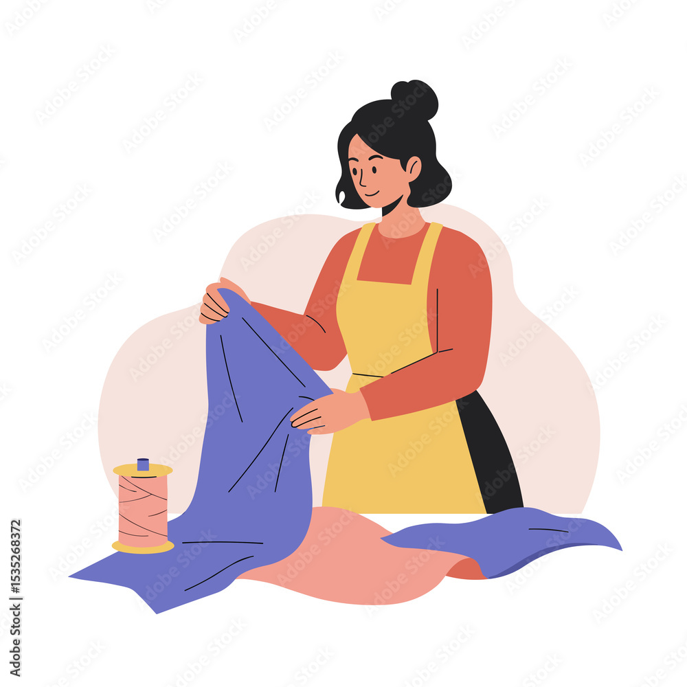 Fototapeta premium Woman sorting fabric scraps while smiling in a cozy workspace 