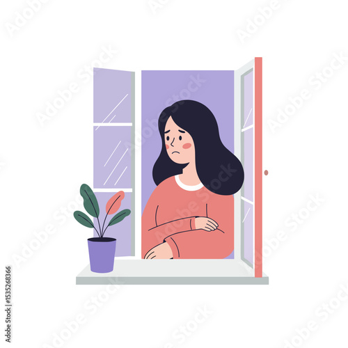 Woman looking out window sadly while sitting in a bright room  