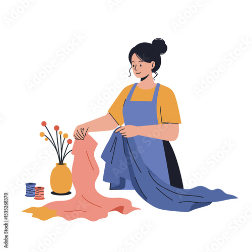 Woman sorting fabric scraps while standing in a creative workspace  