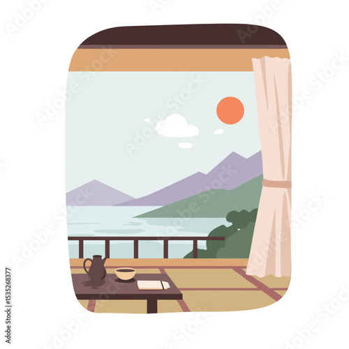 旅館の窓から見える山と湖の夕日