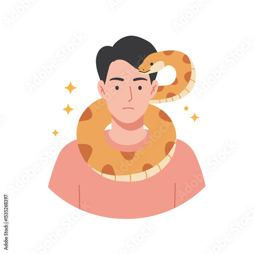 Man with snake around neck looking serious in minimalistic style  