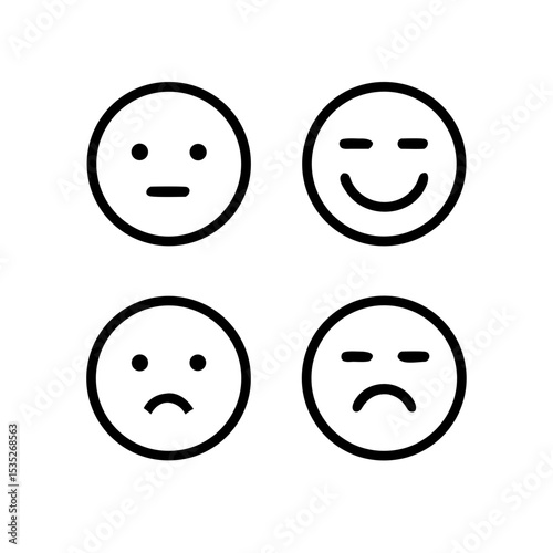 Set of Four Line Emoticons: Collection of four simple line emoticons showing neutral, happy, sad, and angry expressions, ideal for apps or presentations.