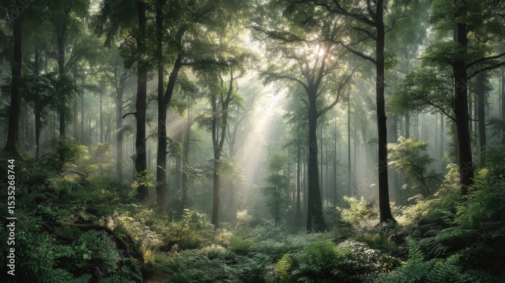 Obraz premium Peaceful forest with early morning silence and mist between trees 