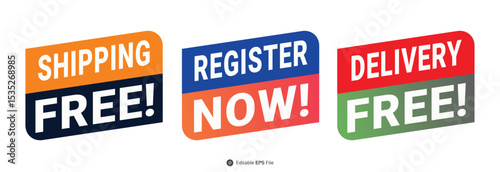 A vibrant collection of promotional badges and labels featuring phrases like "REGISTER NOW," "DELIVERY FREE," "SHIPPING FREE," and more, designed in various shapes and colors for marketing use.
