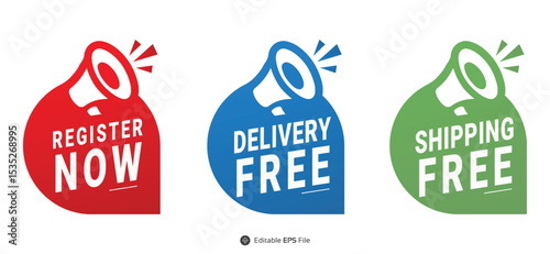 A vibrant collection of promotional badges and labels featuring phrases like "REGISTER NOW," "DELIVERY FREE," "SHIPPING FREE," and more, designed in various shapes and colors for marketing use.