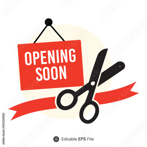A bold "OPENING SOON" sign with scissors cutting a red ribbon, symbolizing an upcoming grand opening or business launch.